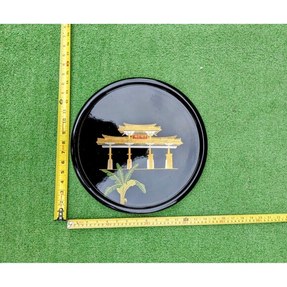VTG Japanese Kuniyoshi Lacquerware Gate/Temple/Shrine Large Platter 14" Tray NOS - Picture 4 of 6